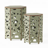 Silva Accent Table Set of 2, Hexagonal Top, Cut Pattern, Green Iron - BM324070