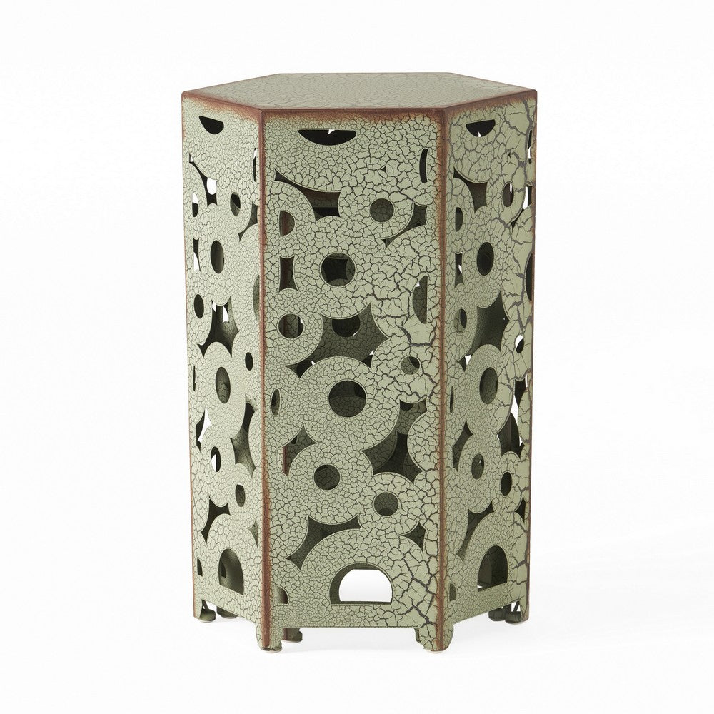 Silva Accent Table Set of 2, Hexagonal Top, Cut Pattern, Green Iron - BM324070