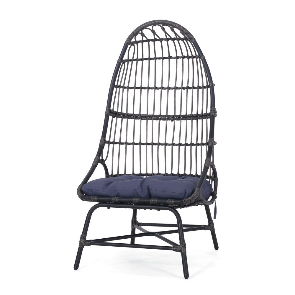 Elena Outdoor Chair, Basket Shape, Gray Fabric, Black PE Rattan, Iron - BM324072
