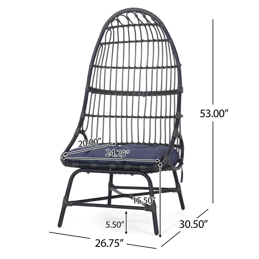 Elena Outdoor Chair, Basket Shape, Gray Fabric, Black PE Rattan, Iron - BM324072