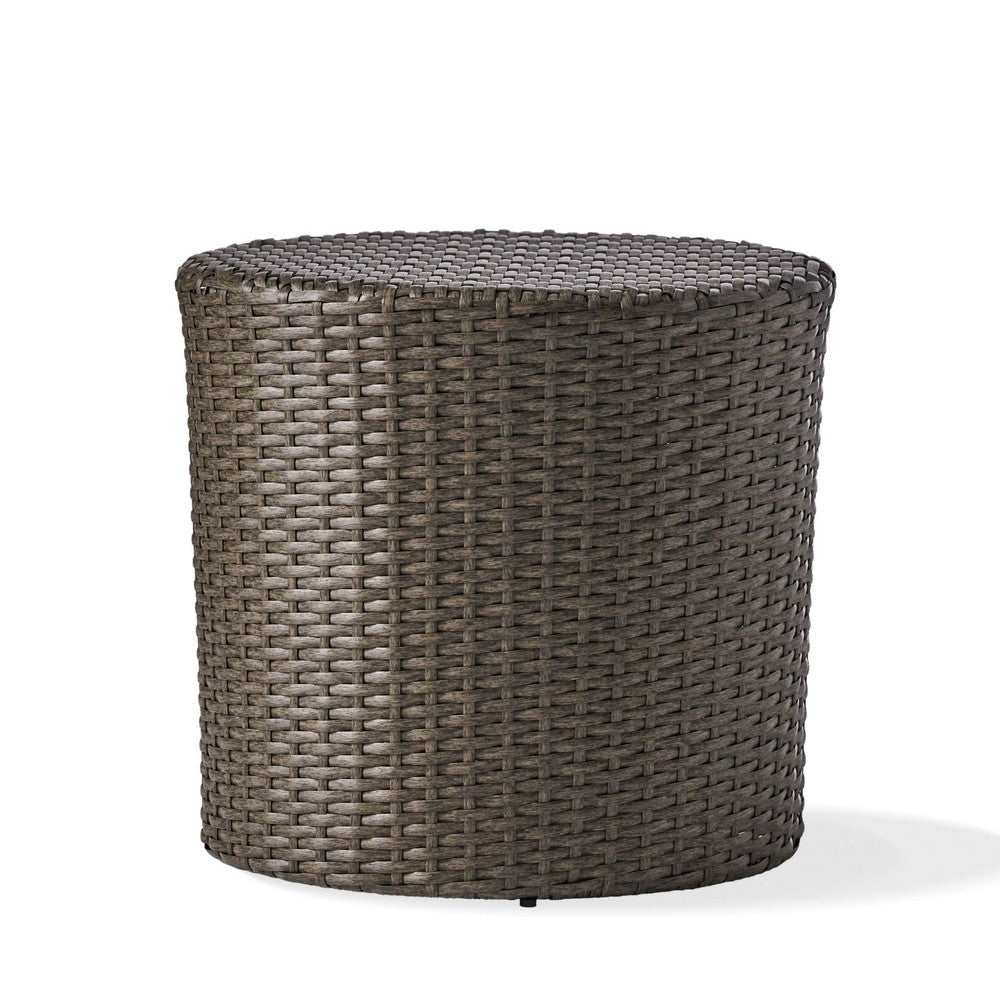 Olum Outdoor Side Table, Barrel Shape, Gray PE Rattan, Iron, 18 Inch - BM324073