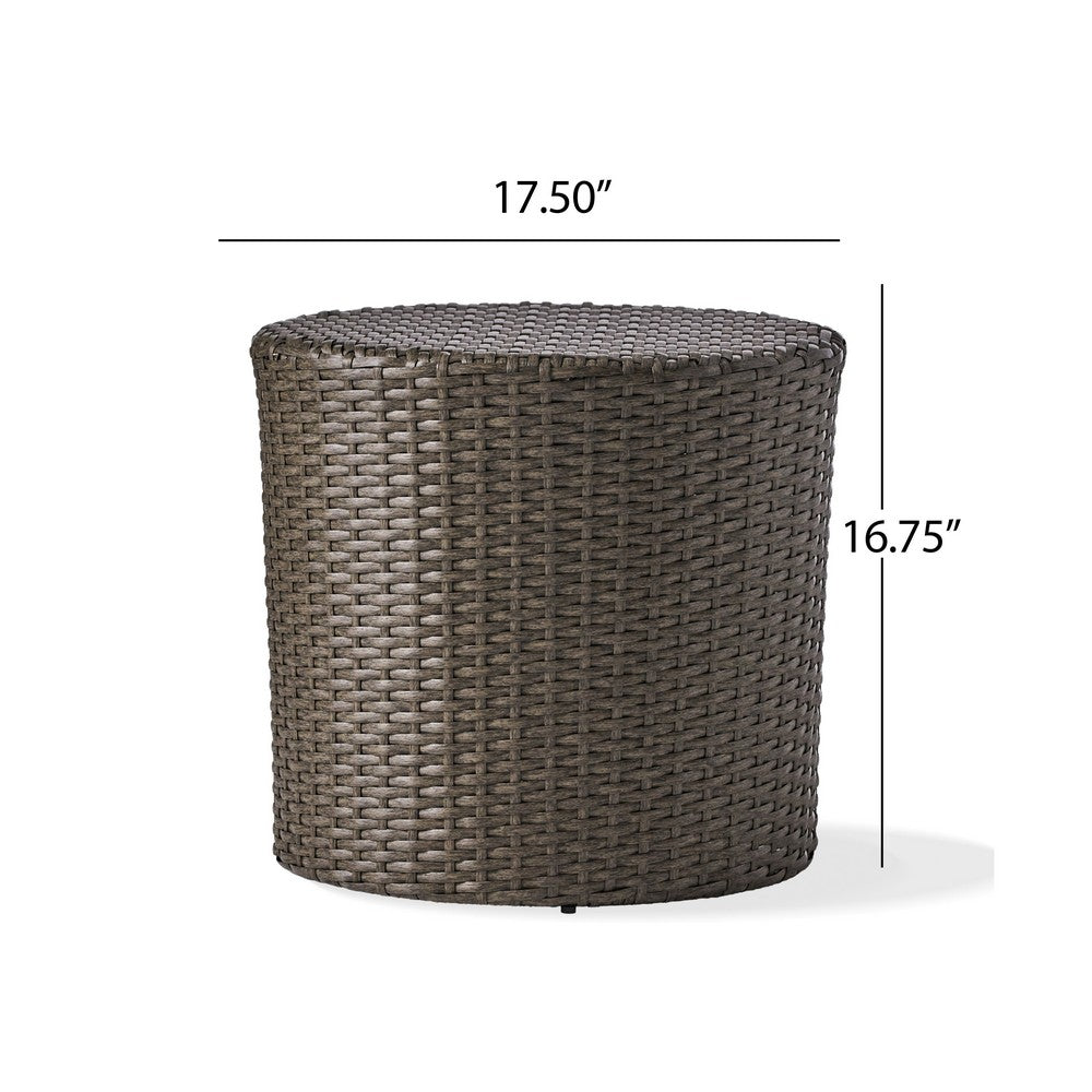 Olum Outdoor Side Table, Barrel Shape, Gray PE Rattan, Iron, 18 Inch - BM324073