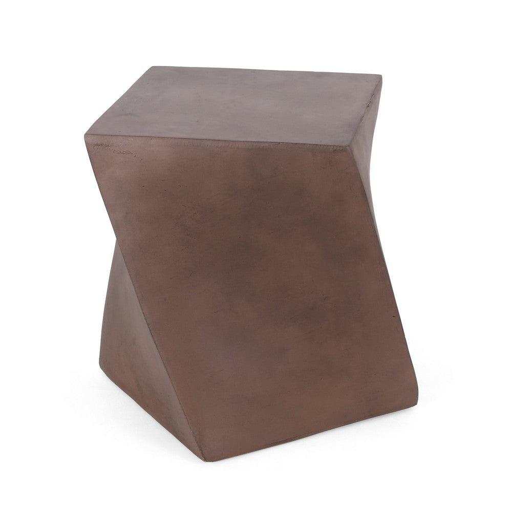 Outdoor Side End Table, Twisted Cube Shape Brown Faux Concrete 21 Inch - BM324076