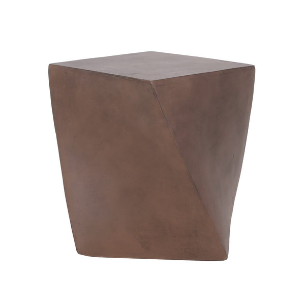 Outdoor Side End Table, Twisted Cube Shape Brown Faux Concrete 21 Inch - BM324076