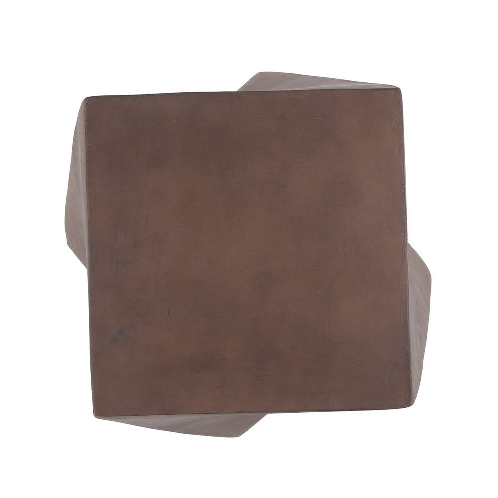 Outdoor Side End Table, Twisted Cube Shape Brown Faux Concrete 21 Inch - BM324076