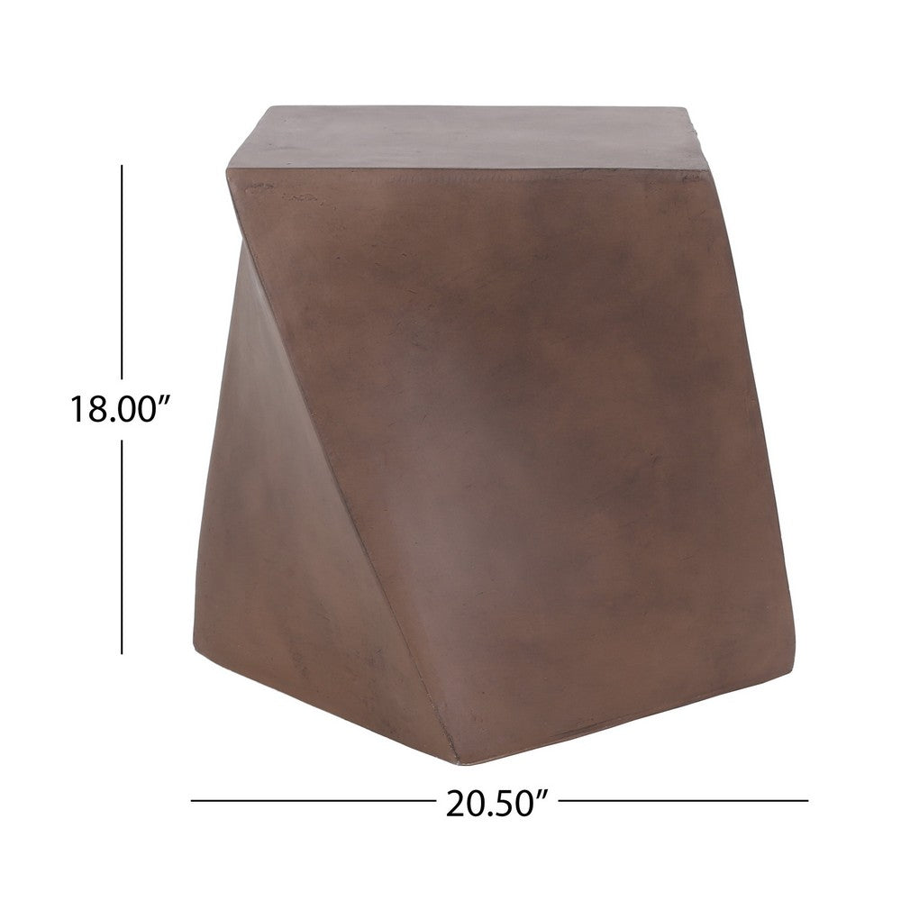 Outdoor Side End Table, Twisted Cube Shape Brown Faux Concrete 21 Inch - BM324076