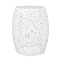 Miami Outdoor End Table Stool, Palm Leaf Pattern, White Iron, 17 Inch - BM324080