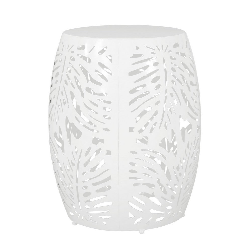 Miami Outdoor End Table Stool, Palm Leaf Pattern, White Iron, 17 Inch - BM324080