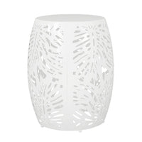 Miami Outdoor End Table Stool, Palm Leaf Pattern, White Iron, 17 Inch - BM324080