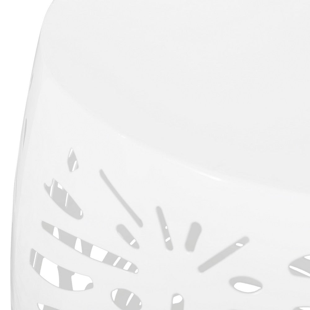 Miami Outdoor End Table Stool, Palm Leaf Pattern, White Iron, 17 Inch - BM324080