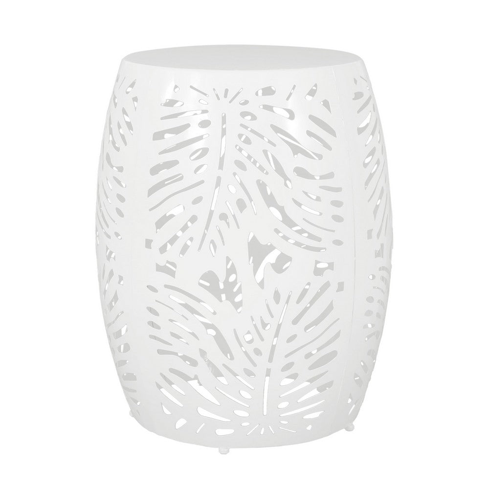 Miami Outdoor End Table Stool, Palm Leaf Pattern, White Iron, 17 Inch - BM324080