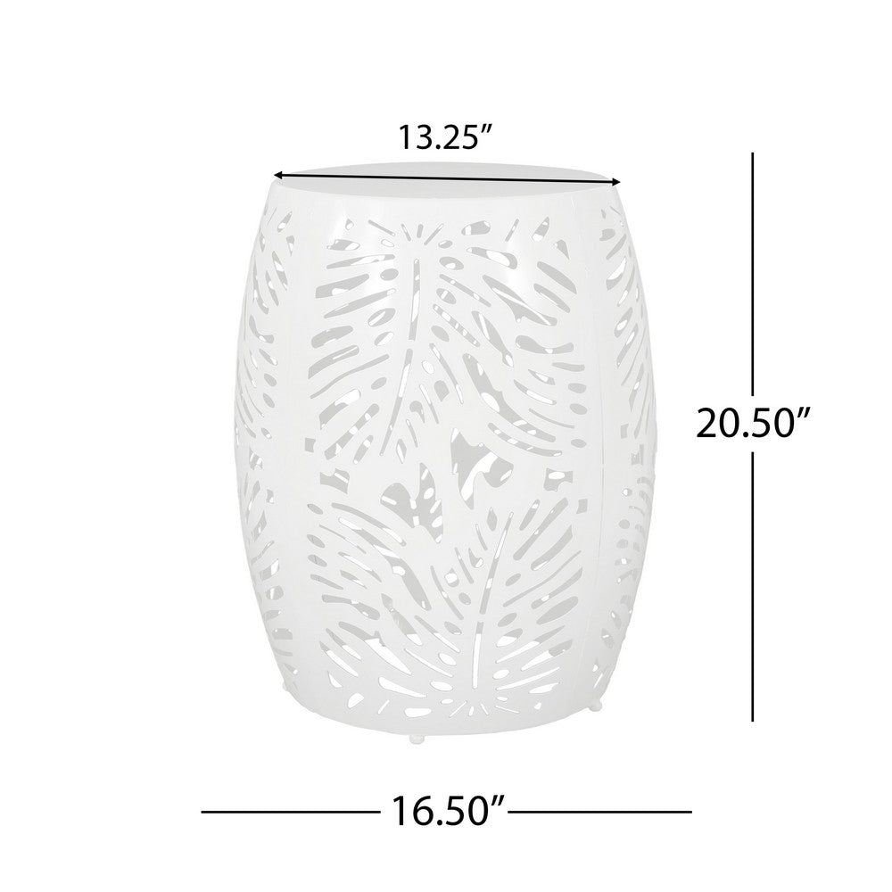 Miami Outdoor End Table Stool, Palm Leaf Pattern, White Iron, 17 Inch - BM324080