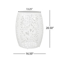 Miami Outdoor End Table Stool, Palm Leaf Pattern, White Iron, 17 Inch - BM324080
