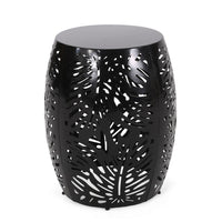 Miami Outdoor End Table Stool, Palm Leaf Pattern, Black Iron, 17 Inch - BM324081