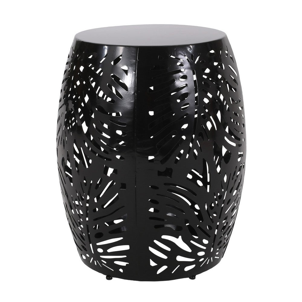 Miami Outdoor End Table Stool, Palm Leaf Pattern, Black Iron, 17 Inch - BM324081
