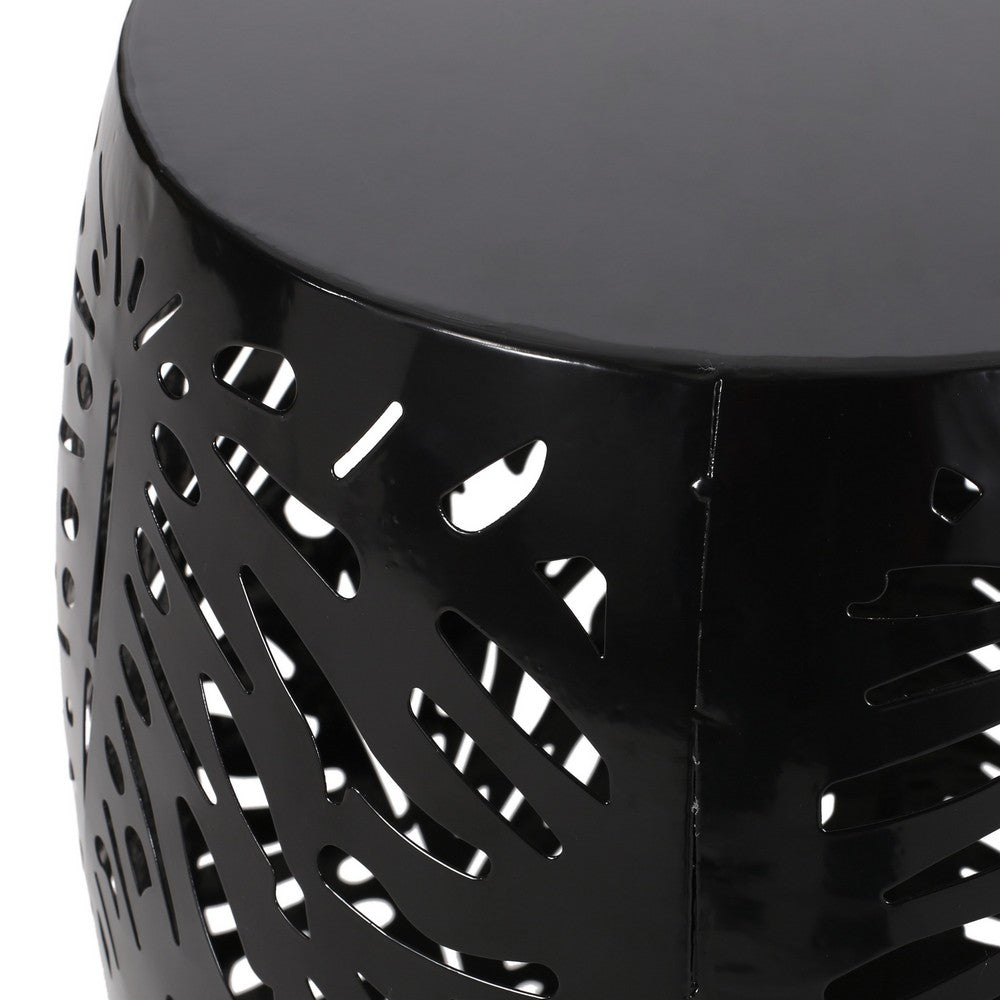 Miami Outdoor End Table Stool, Palm Leaf Pattern, Black Iron, 17 Inch - BM324081