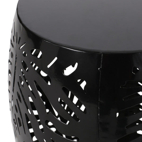 Miami Outdoor End Table Stool, Palm Leaf Pattern, Black Iron, 17 Inch - BM324081