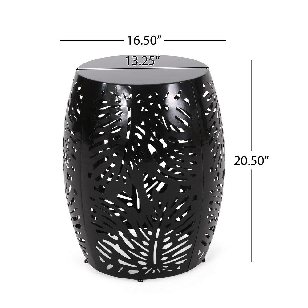 Miami Outdoor End Table Stool, Palm Leaf Pattern, Black Iron, 17 Inch - BM324081