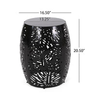 Miami Outdoor End Table Stool, Palm Leaf Pattern, Black Iron, 17 Inch - BM324081