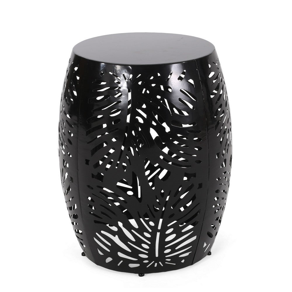 Miami Outdoor End Table Stool, Palm Leaf Pattern, Black Iron, 17 Inch - BM324081