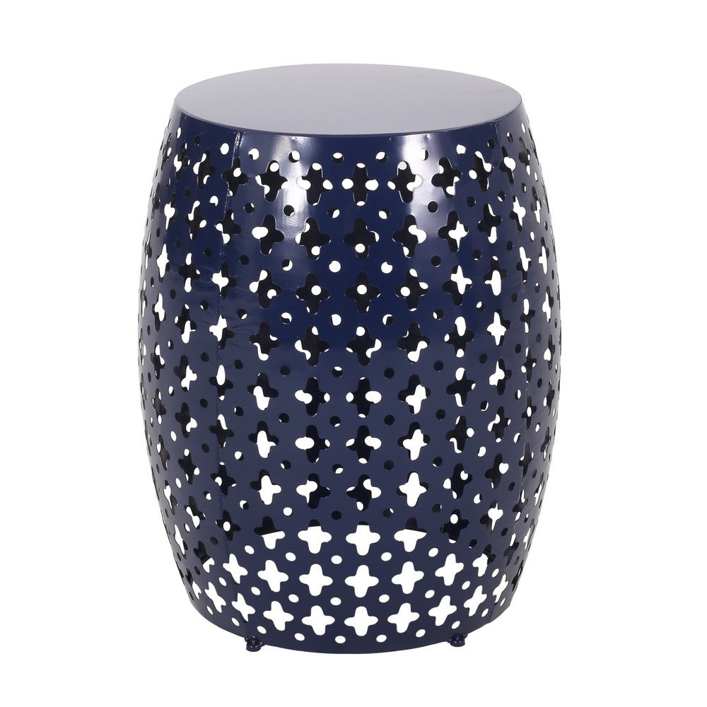 Miami Outdoor End Table, Cutout Design, Round 17 Inch, Navy Blue Iron - BM324083