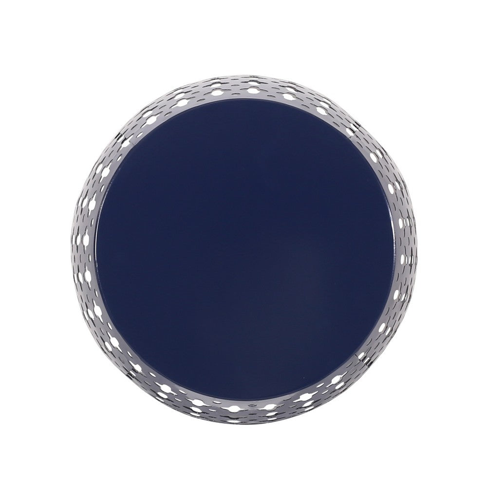 Miami Outdoor End Table, Cutout Design, Round 17 Inch, Navy Blue Iron - BM324083