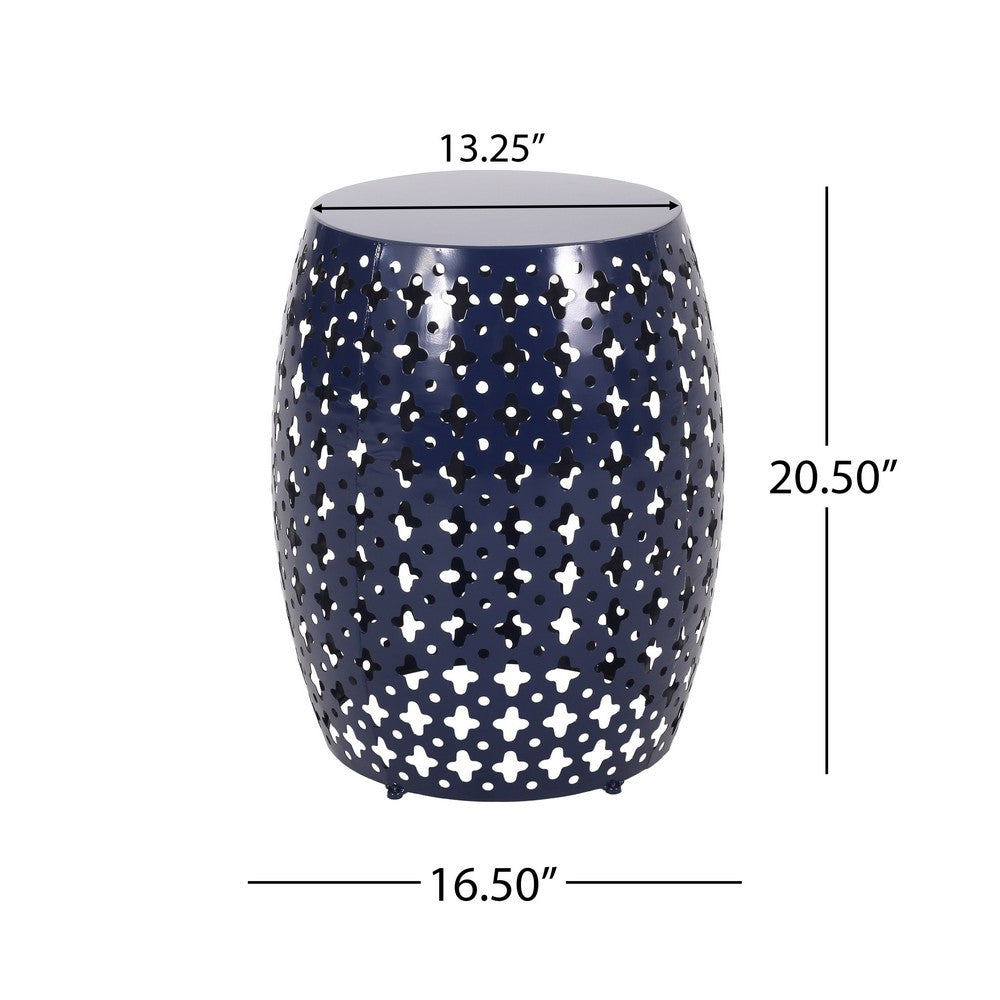 Miami Outdoor End Table, Cutout Design, Round 17 Inch, Navy Blue Iron - BM324083