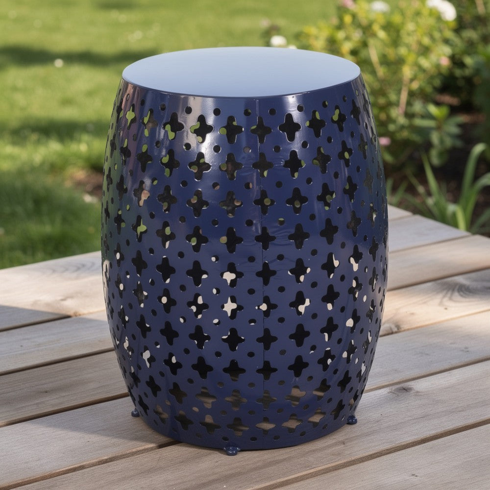Miami Outdoor End Table, Cutout Design, Round 17 Inch, Navy Blue Iron - BM324083