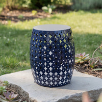 Miami Outdoor End Table, Cutout Design, Round 17 Inch, Navy Blue Iron - BM324083