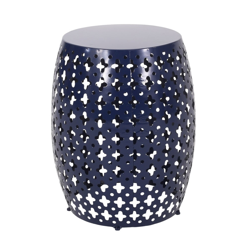Miami Outdoor End Table, Cutout Design, Round 17 Inch, Navy Blue Iron - BM324083
