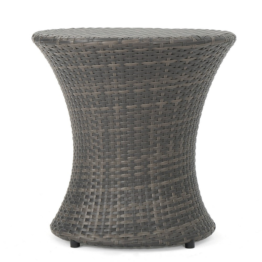 Loco Outdoor Side Table, Hourglass Shape, Round 20 Inch, Gray Rattan - BM324089