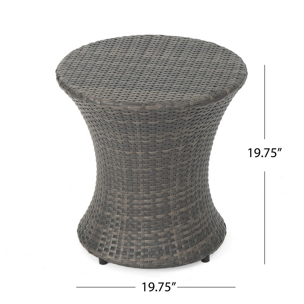 Loco Outdoor Side Table, Hourglass Shape, Round 20 Inch, Gray Rattan - BM324089