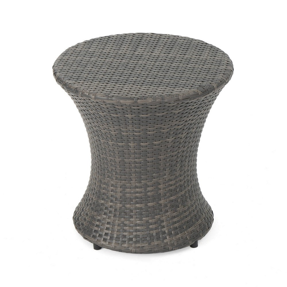 Loco Outdoor Side Table, Hourglass Shape, Round 20 Inch, Gray Rattan - BM324089