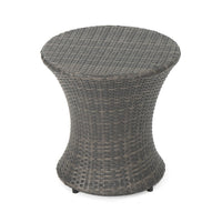 Loco Outdoor Side Table, Hourglass Shape, Round 20 Inch, Gray Rattan - BM324089