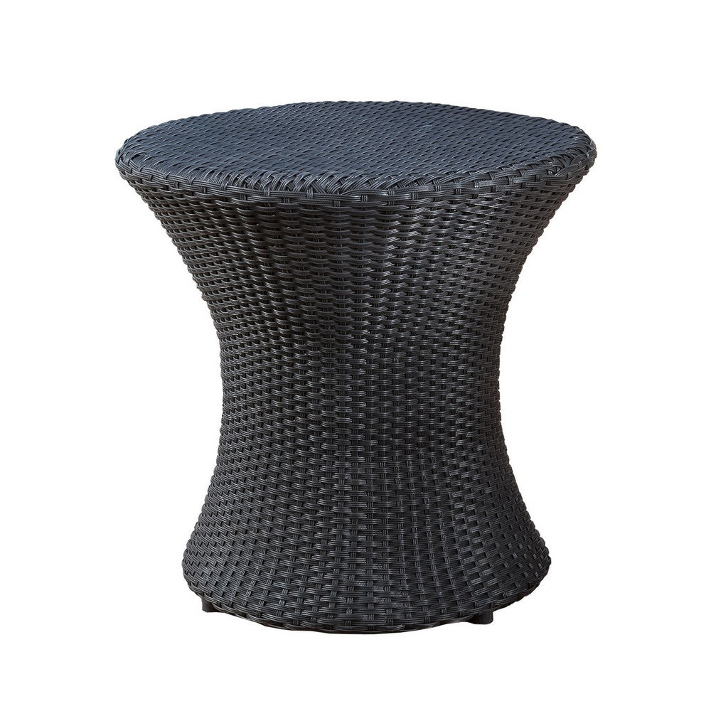 Loco Outdoor Side Table, Hourglass Shape, Round 20 Inch, Black Rattan - BM324090