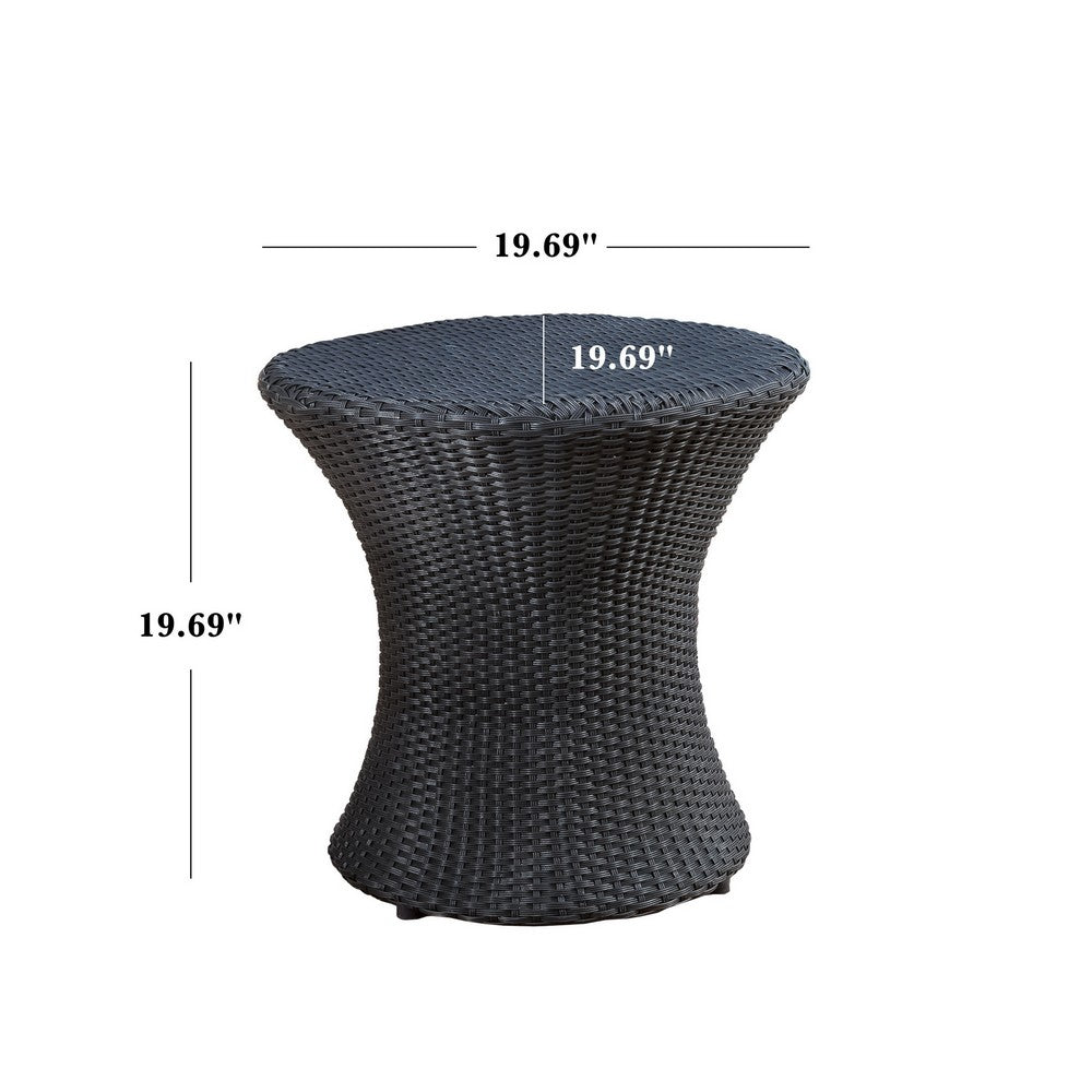 Loco Outdoor Side Table, Hourglass Shape, Round 20 Inch, Black Rattan - BM324090