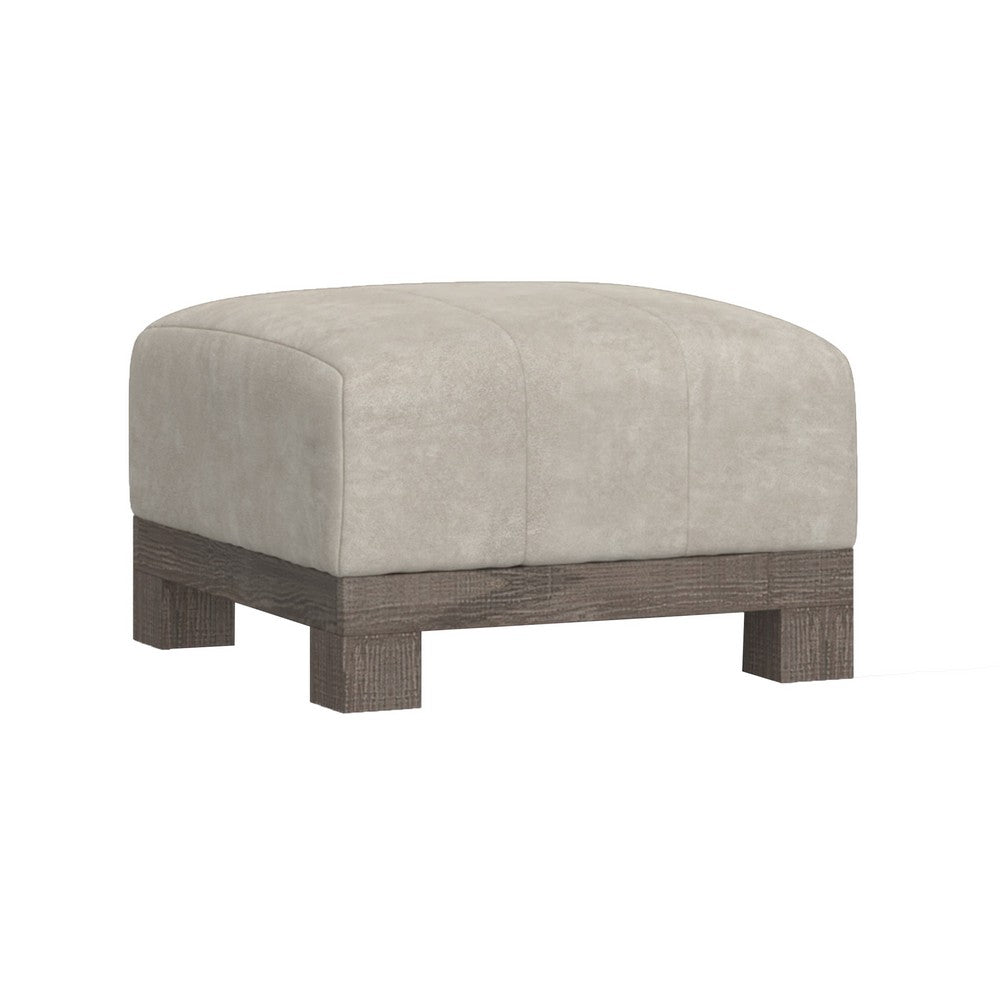 Sama Ottoman with Block Feet, 28 Inch Square Solid Wood, White Fabric