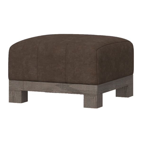Sama Ottoman with Block Feet, 28 Inch Square Solid Wood, Brown Fabric -BM324118