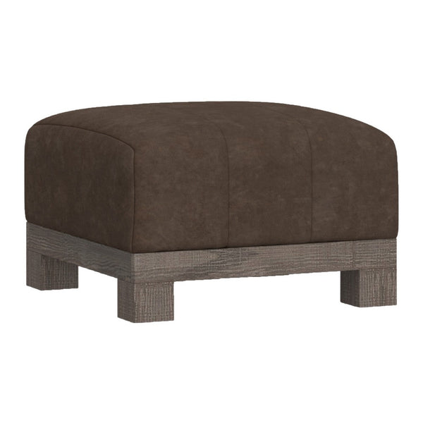 Sama Ottoman with Block Feet, 28 Inch Square Solid Wood, Brown Fabric