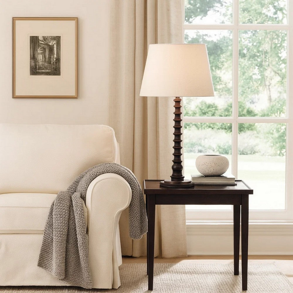 Dio 31 Inch Table Lamp, White Slub Drum Shade, Black Turned Wood Base -BM324126