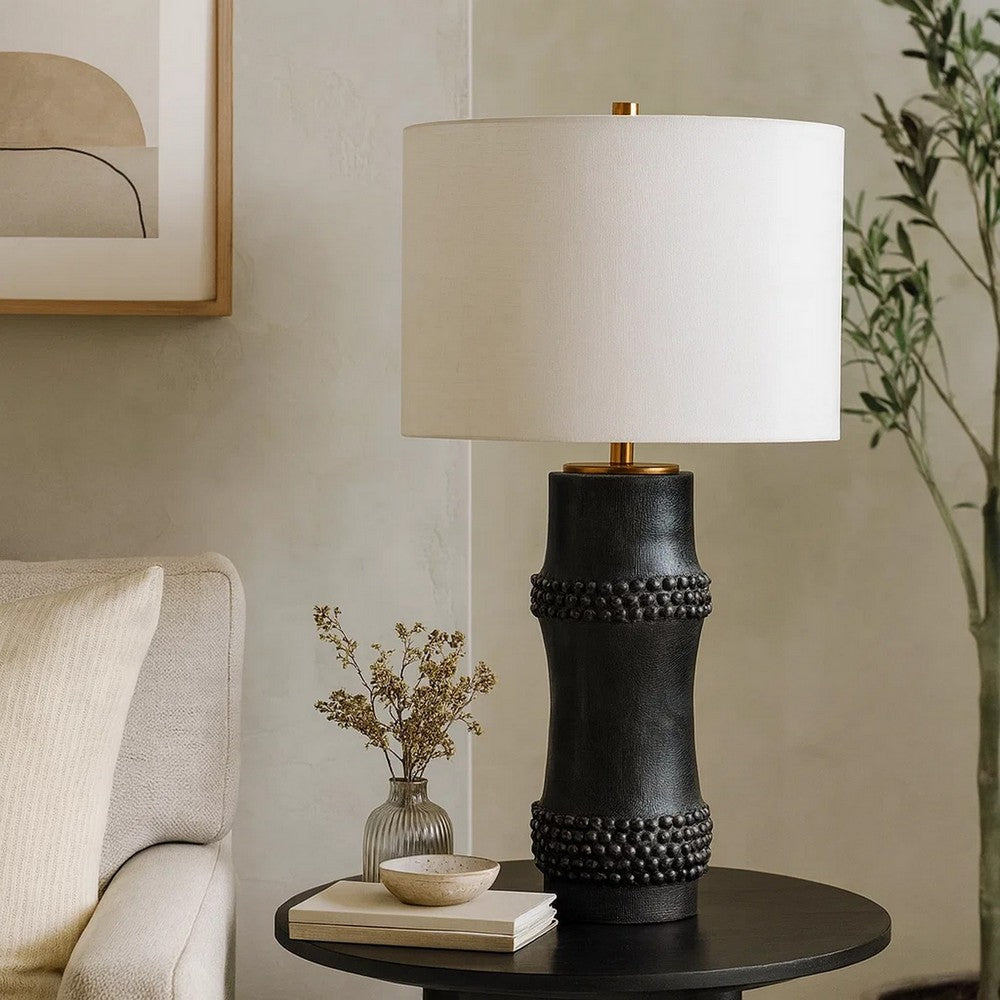 Lemy 28 Inch Table Lamp, White Linen Drum Shade, Dotted Black Base -BM324127