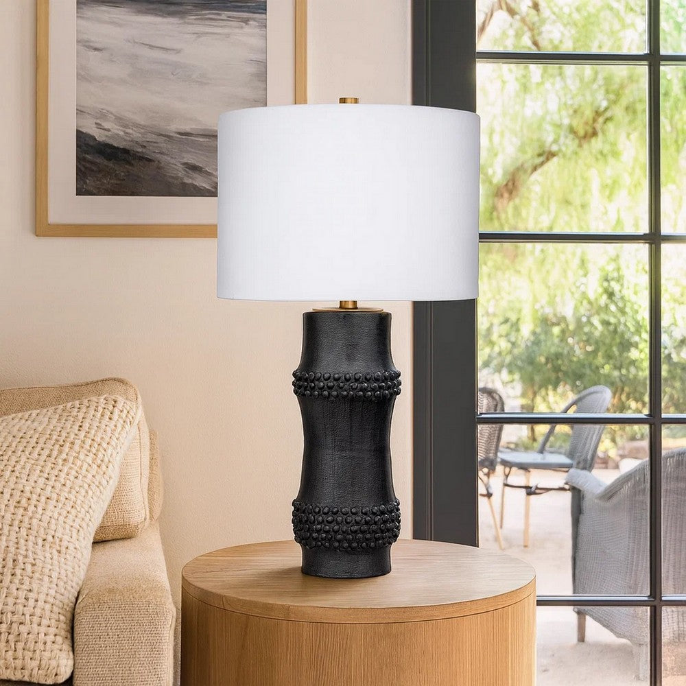 Lemy 28 Inch Table Lamp, White Linen Drum Shade, Dotted Black Base -BM324127