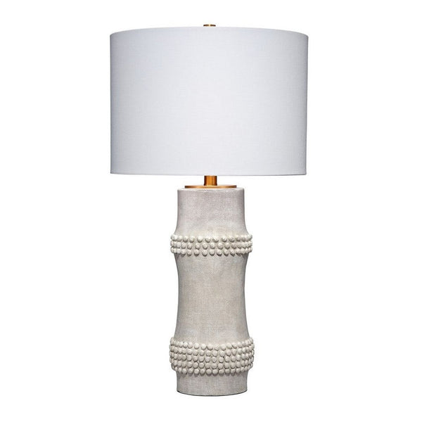 Lemy 28 Inch Table Lamp, Round Linen Drum Shade, Dotted White Base