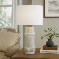 Lemy 28 Inch Table Lamp, Round Linen Drum Shade, Dotted White Base -BM324128