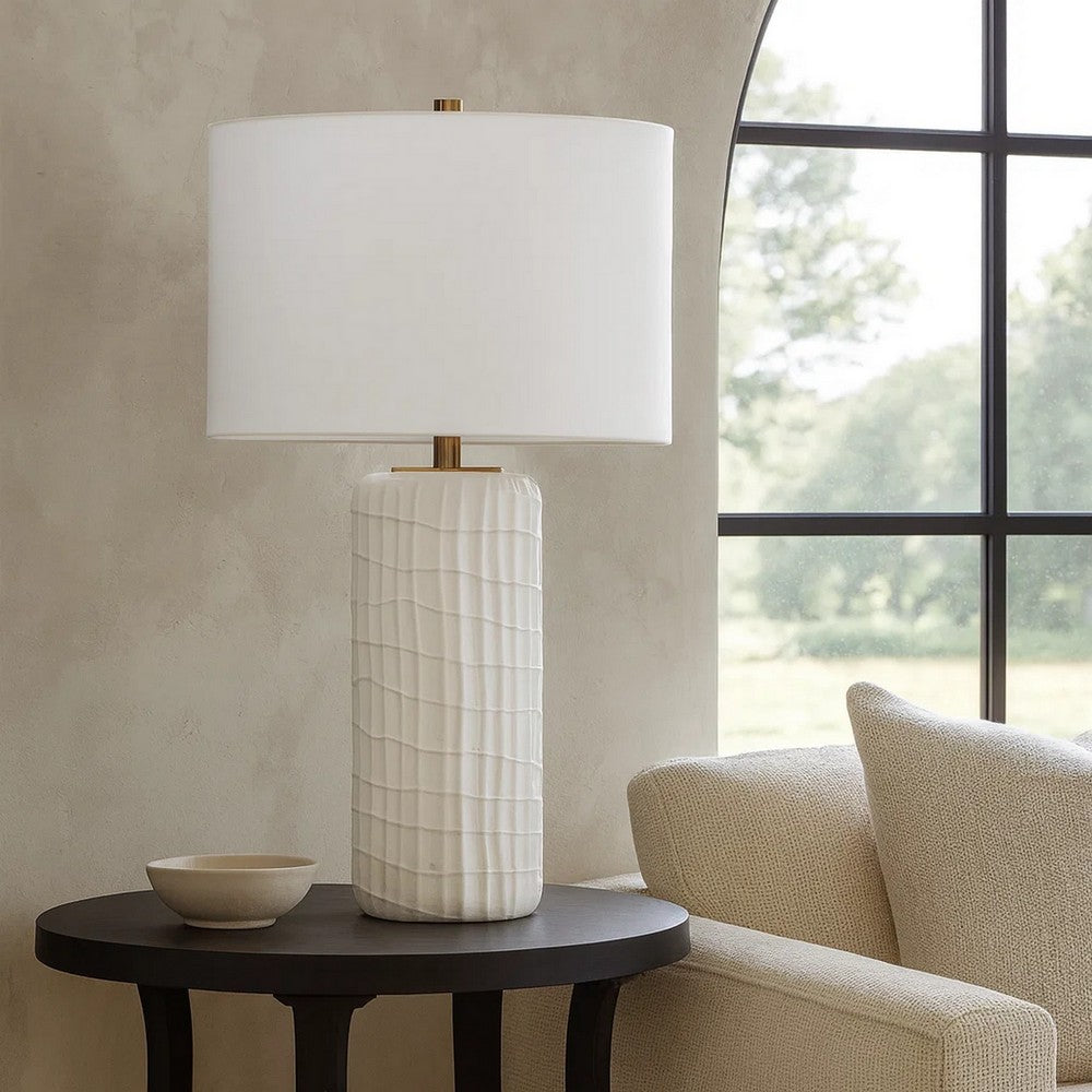 Mena 28 Inch Table Lamp, Round Drum Shade, Grid Pattern White Base -BM324129