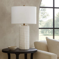 Mena 28 Inch Table Lamp, Round Drum Shade, Grid Pattern White Base -BM324129