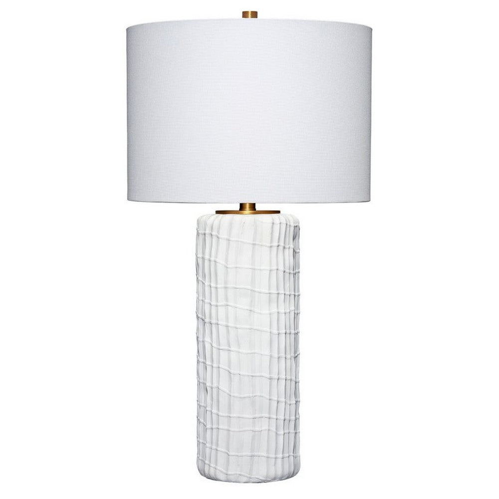 Mena 28 Inch Table Lamp, Round Drum Shade, Grid Pattern White Base