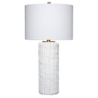Mena 28 Inch Table Lamp, Round Drum Shade, Grid Pattern White Base