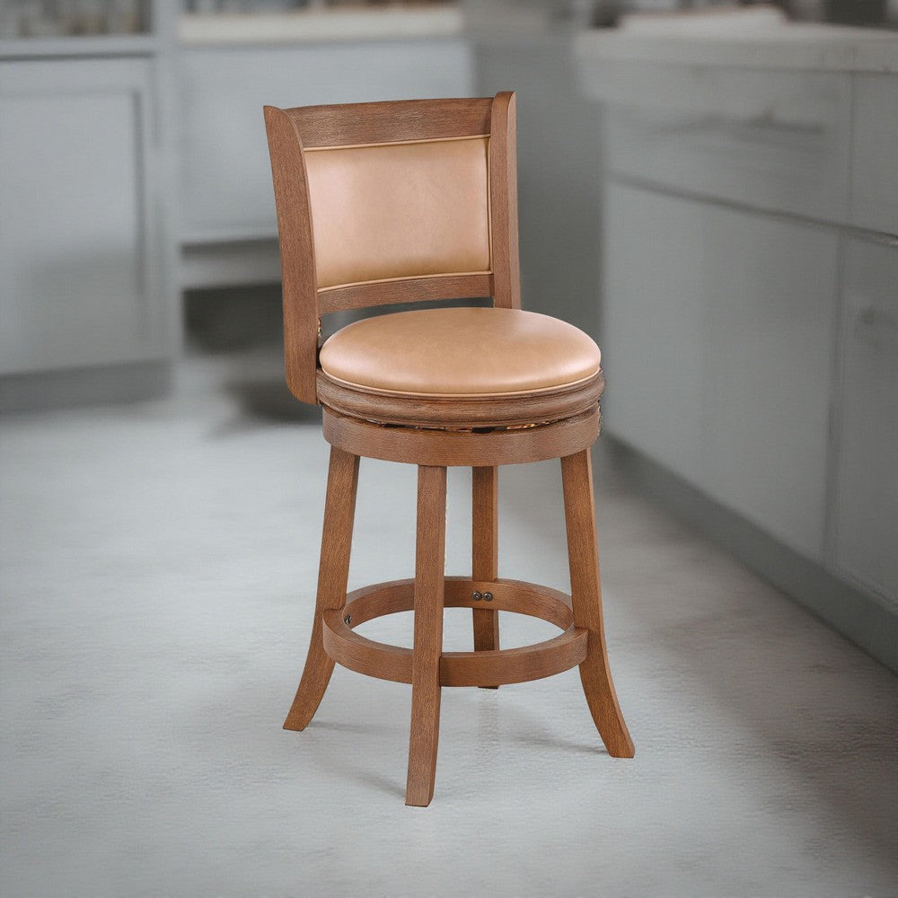 Haley Swivel Barstool Chair, Brown Faux Leather, Wire Brush Finish  -BM324179