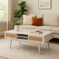 Camy Coffee Table, Brown Cane Woven Doors, Open Shelf, White 48 Inch -BM324180